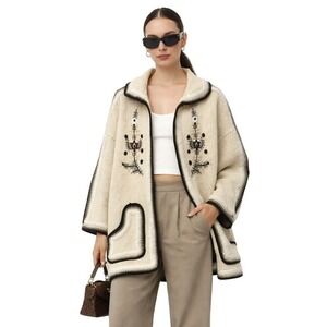 Unbranded Embroidered Wool Folk Art Open Front Cardigan Jacket OS